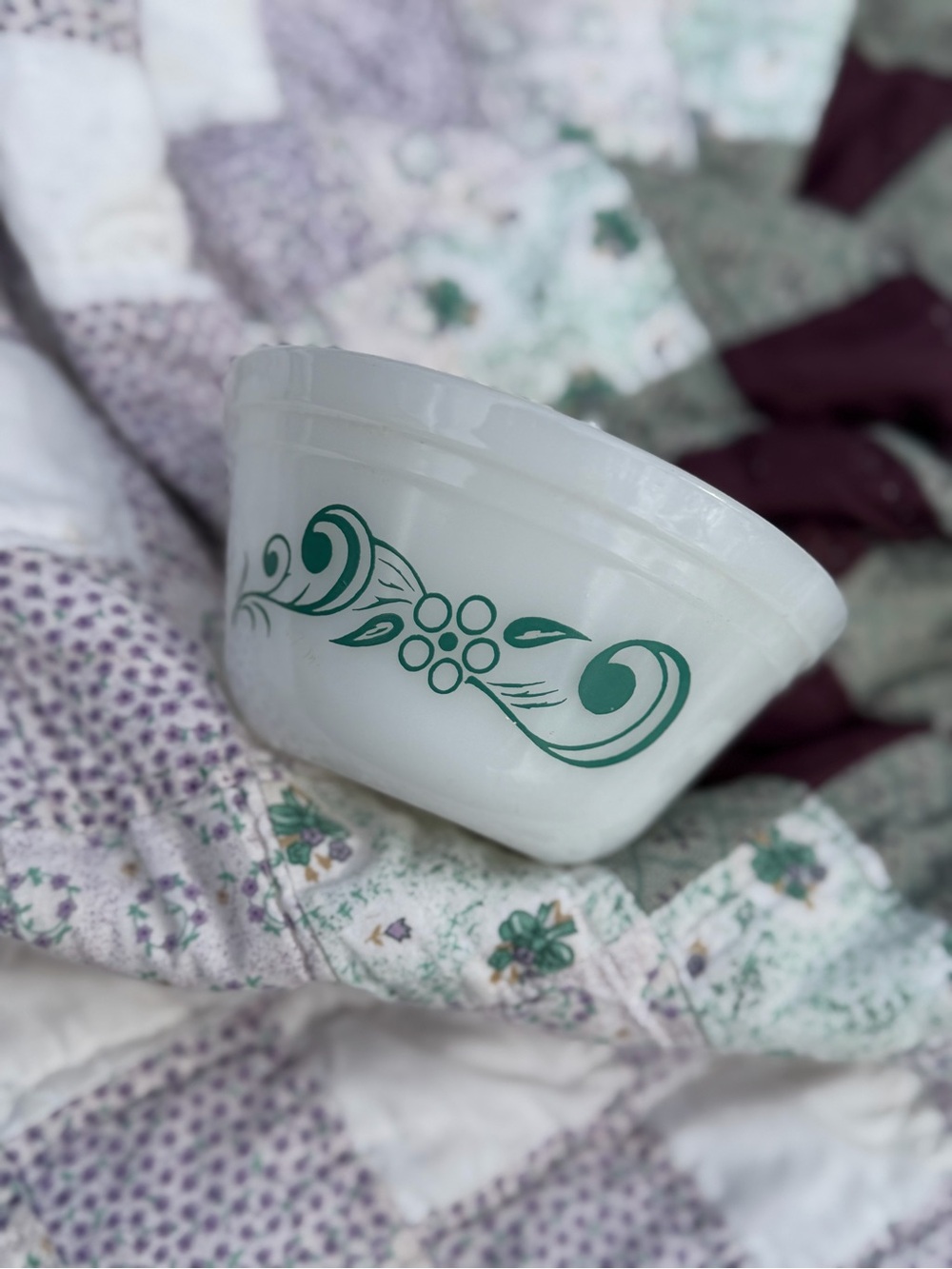 Vintage Federal Milk Glass Mixing Bowl with Green Scroll Pattern